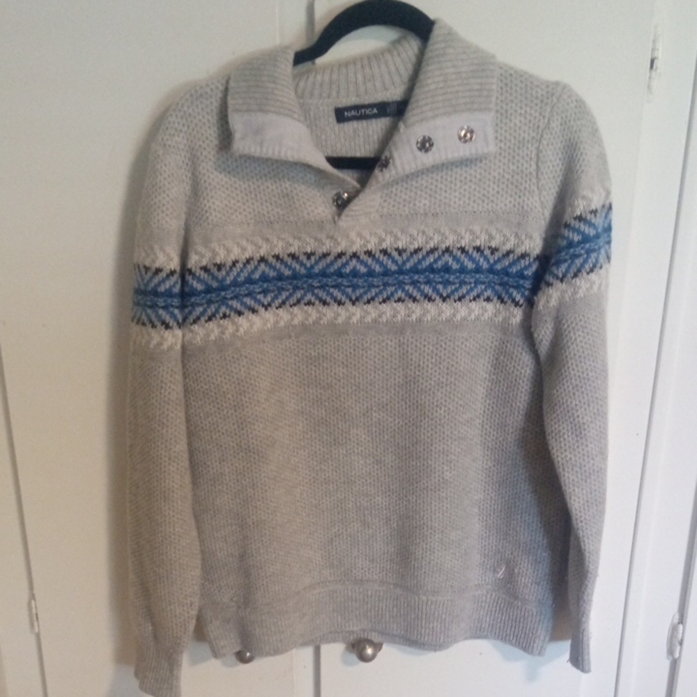 Nautica Gray and Blue Sweater with Nordic Pattern